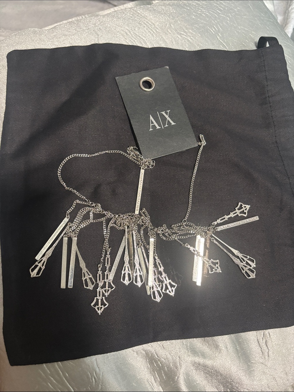 A/X Armani Exchange Silver Tassel & Bar Fringe Necklace NWT $88